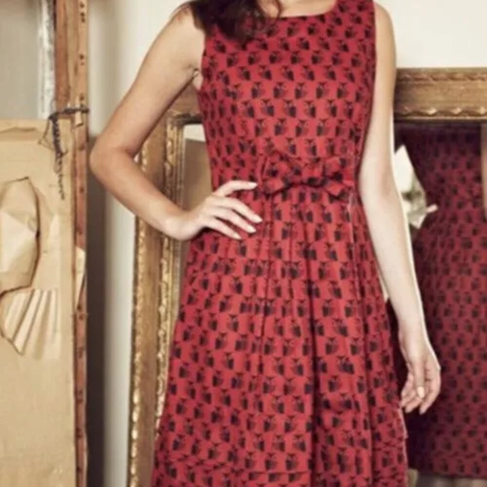 RARE ORLA KIELY PEOPLE TREE CHERRY RED OWL PRINT FIT FLARE MIDI DRESS Sz14